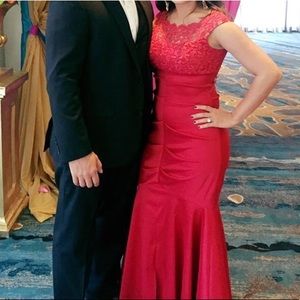 Red and gold in-lace ball gown